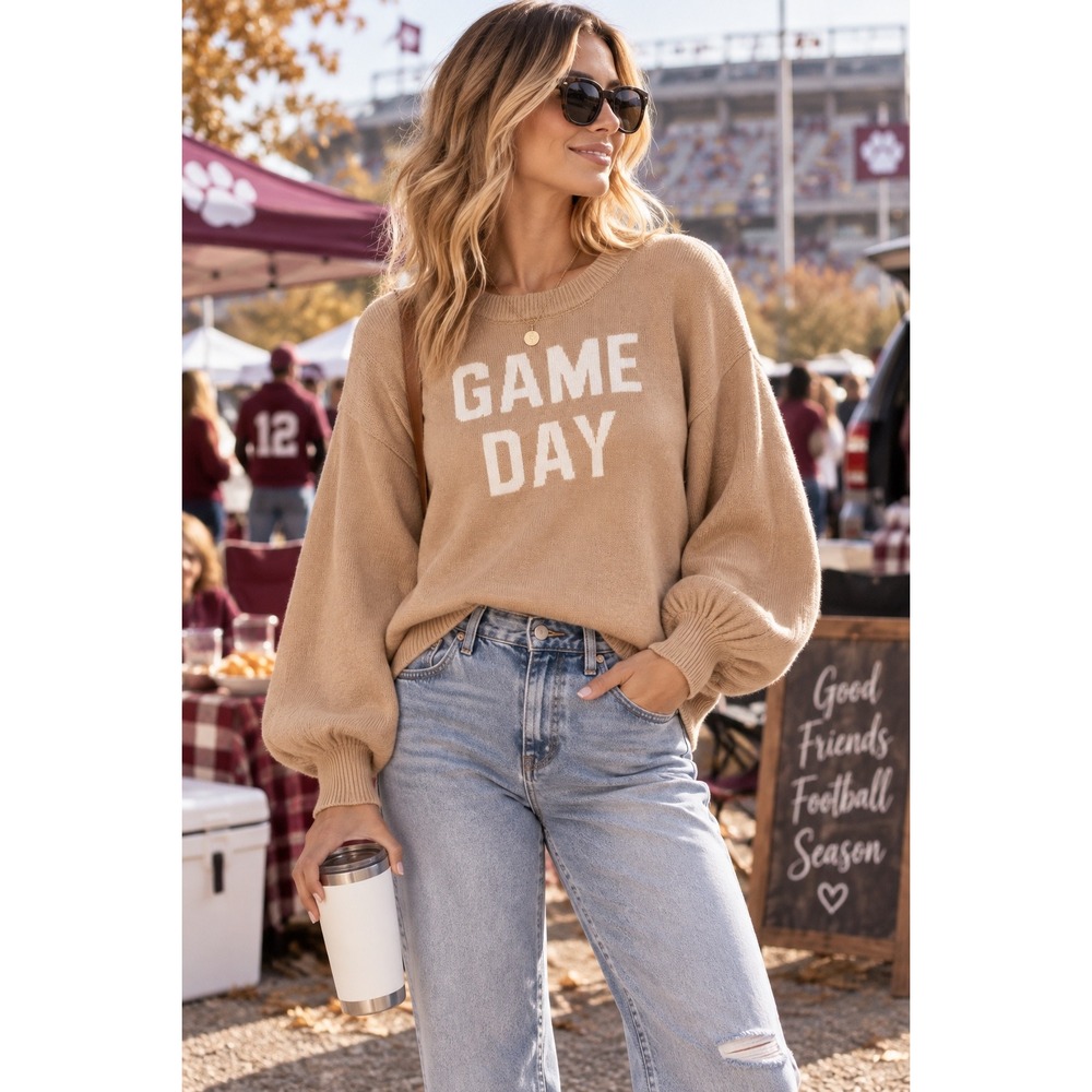 Chic Game Day Sweater Varsity College NFL Football Tan Sporty Minimalist Sz M